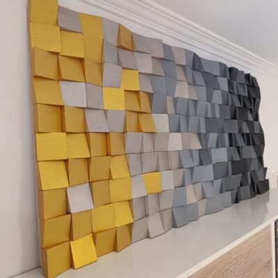 Escultura de arte de pared de madera gris y dorada