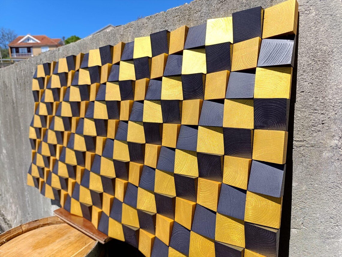 Mosaico de arte mural de madera en negro y dorado - Imagen 6