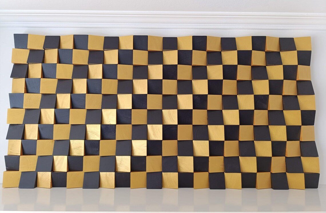 Mosaico de arte mural de madera en negro y dorado