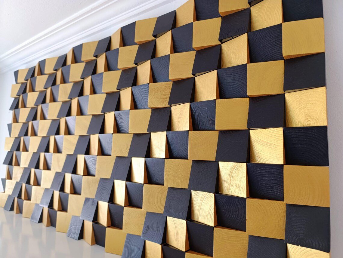 Mosaico de arte mural de madera en negro y dorado - Imagen 4