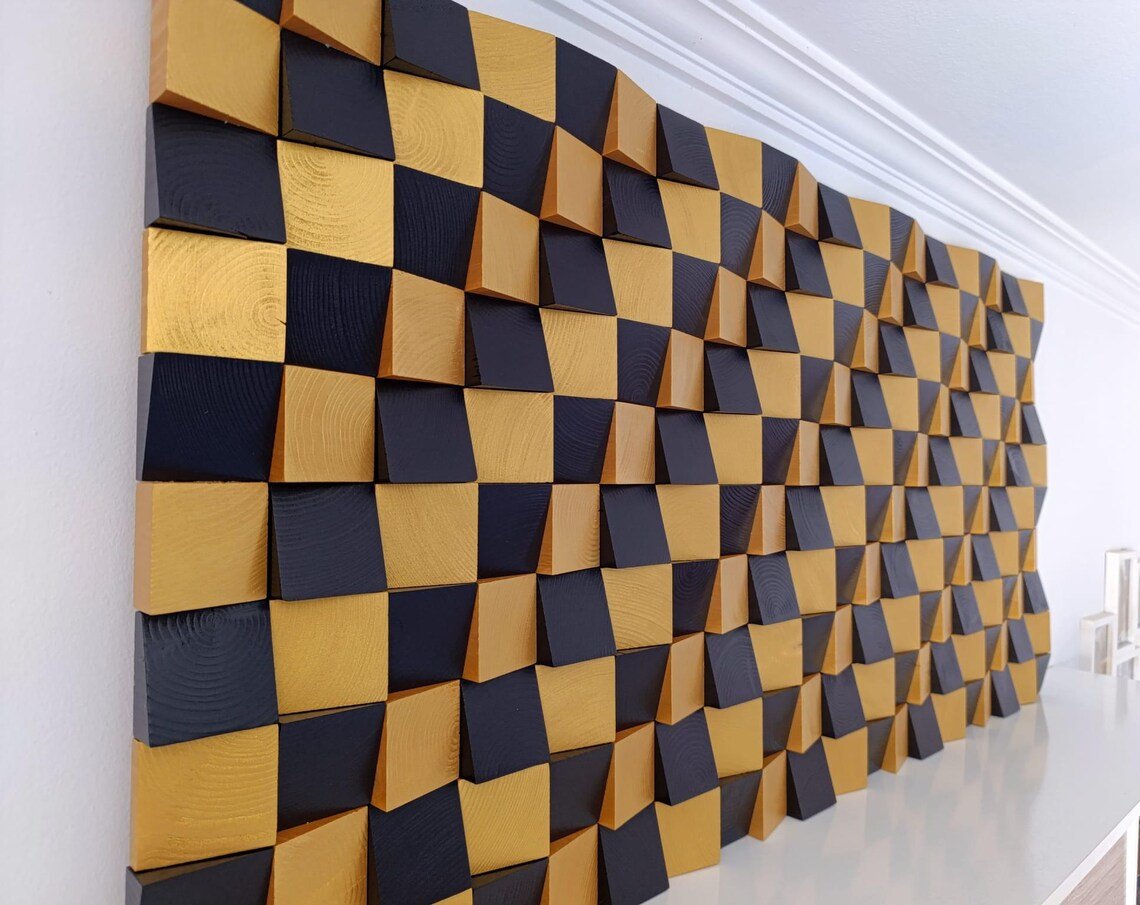 Mosaico de arte mural de madera en negro y dorado - Imagen 5